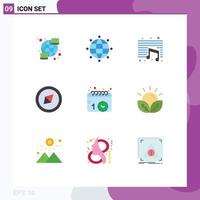 User Interface Pack of 9 Basic Flat Colors of watch events note calendar orientation Editable Vector Design Elements