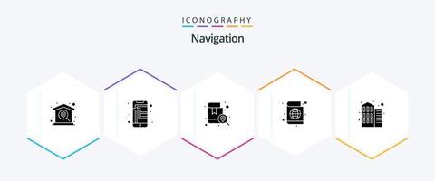 Navigation 25 Glyph icon pack including building. passport book. phone. passport. location vector