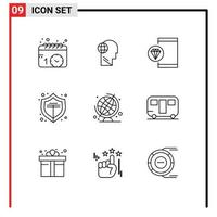 Group of 9 Modern Outlines Set for education protect think online development Editable Vector Design Elements