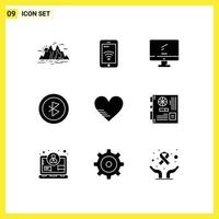 9 Universal Solid Glyphs Set for Web and Mobile Applications heart connection wifi bluetooth imac Editable Vector Design Elements