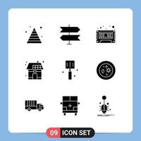 Mobile Interface Solid Glyph Set of 9 Pictograms of fast food solar audio cassette power energy Editable Vector Design Elements