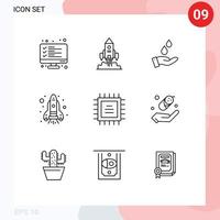 User Interface Pack of 9 Basic Outlines of chip rocket launch flame energy Editable Vector Design Elements