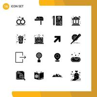 Set of 16 Vector Solid Glyphs on Grid for coffee bank coding life programming Editable Vector Design Elements