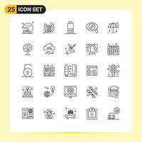 Pictogram Set of 25 Simple Lines of wet umbrella battery beach eye Editable Vector Design Elements