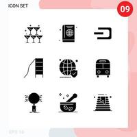 Modern Set of 9 Solid Glyphs Pictograph of globe kindergarten diary child crypto currency Editable Vector Design Elements