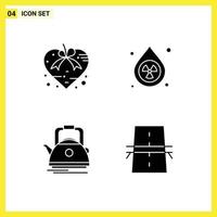 Pack of 4 creative Solid Glyphs of heart tea valentine drop teapot Editable Vector Design Elements