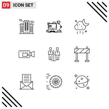 Pack of 9 Modern Outlines Signs and Symbols for Web Print Media such as elevator camera lamp cam ui Editable Vector Design Elements