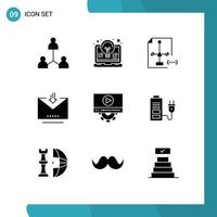 Set of 9 Vector Solid Glyphs on Grid for retrieve email light download document Editable Vector Design Elements