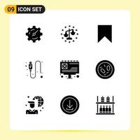 Set of 9 Vector Solid Glyphs on Grid for advertising wire instagram usb cable Editable Vector Design Elements