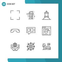 User Interface Pack of 9 Basic Outlines of service live king chat phone Editable Vector Design Elements