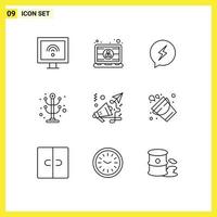 Pack of 9 creative Outlines of business interior user furniture power Editable Vector Design Elements