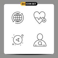 Mobile Interface Line Set of 4 Pictograms of global arrows travel heart beat network Editable Vector Design Elements