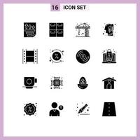 Pack of 16 Modern Solid Glyphs Signs and Symbols for Web Print Media such as movie film architecture logical head Editable Vector Design Elements