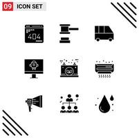 Set of 9 Vector Solid Glyphs on Grid for eco startup tools rocket passenger van Editable Vector Design Elements