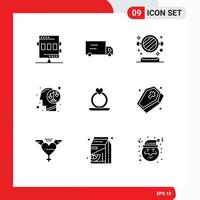 Mobile Interface Solid Glyph Set of 9 Pictograms of heart mind mirror human decision Editable Vector Design Elements