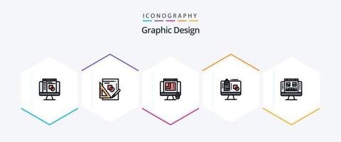 Graphic Design 25 FilledLine icon pack including monitor. gallery. web designing. presentation. screen vector