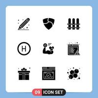 Mobile Interface Solid Glyph Set of 9 Pictograms of beat muscle construction growth sign Editable Vector Design Elements