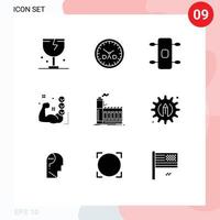 9 User Interface Solid Glyph Pack of modern Signs and Symbols of factory routine timepiece training gym Editable Vector Design Elements