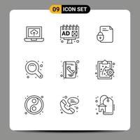 Outline Pack of 9 Universal Symbols of contact address lock zoom tool zoom in Editable Vector Design Elements