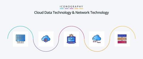 Cloud Data Technology And Network Technology Line Filled Flat 5 Icon Pack Including data . network. laptop. computing. cloud vector