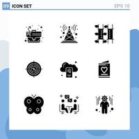 Mobile Interface Solid Glyph Set of 9 Pictograms of cash aim radio antenna target relaxation Editable Vector Design Elements