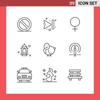 Pack of 9 Modern Outlines Signs and Symbols for Web Print Media such as happy easter sign chicken moon Editable Vector Design Elements