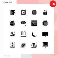 16 User Interface Solid Glyph Pack of modern Signs and Symbols of food heart lock storage heart hacker locker Editable Vector Design Elements