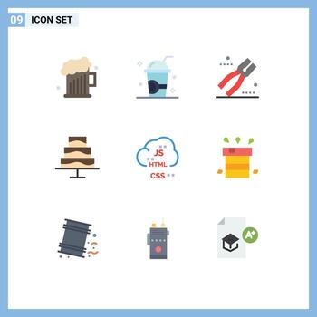 Mobile Interface Flat Color Set of 9 Pictograms of code photo summer food tool Editable Vector Design Elements