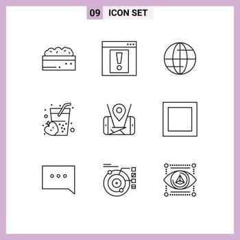 Mobile Interface Outline Set of 9 Pictograms of location map global juice drink Editable Vector Design Elements