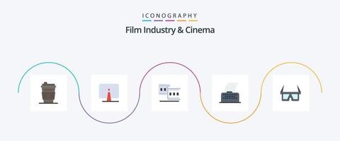 cenima plano 5 5 icono paquete incluso anteojos máquina de escribir. cámara. texto. cine guión vector