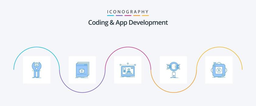 Coding And App Development Blue 5 Icon Pack Including information. analysis. file. design. user vector