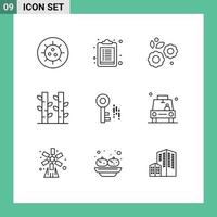 Mobile Interface Outline Set of 9 Pictograms of car security nature internet nature Editable Vector Design Elements