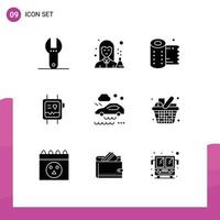 Pack of 9 Modern Solid Glyphs Signs and Symbols for Web Print Media such as car watch cleaning monitor fit band Editable Vector Design Elements