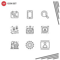 Universal Icon Symbols Group of 9 Modern Outlines of seo connectivity general camera safe Editable Vector Design Elements