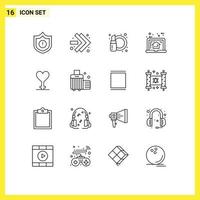 Pack of 16 Modern Outlines Signs and Symbols for Web Print Media such as symbol heart cosmetics estate laptop Editable Vector Design Elements