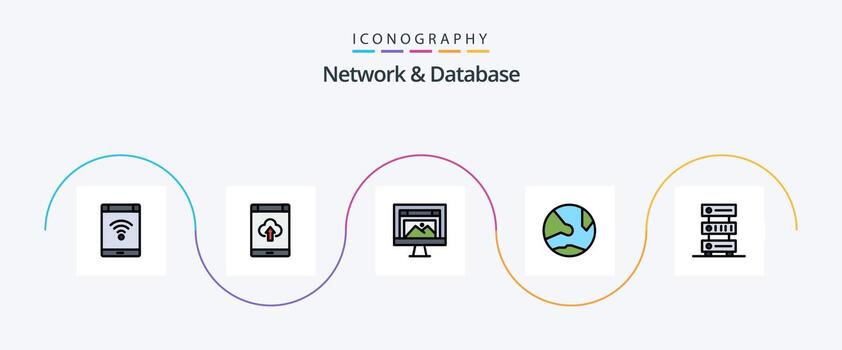 Network And Database Line Filled Flat 5 Icon Pack Including network. app. storage. website. design vector