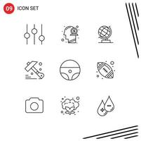 9 User Interface Outline Pack of modern Signs and Symbols of wheel car world tool construction Editable Vector Design Elements