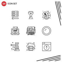 Group of 9 Modern Outlines Set for book laptop business sales analytics Editable Vector Design Elements