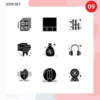 Group of 9 Solid Glyphs Signs and Symbols for headset headphone plant money bag Editable Vector Design Elements