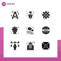 Set of 9 Vector Solid Glyphs on Grid for medal badge heart award education Editable Vector Design Elements