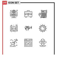 Pack of 9 creative Outlines of calipers education portfolio book progress Editable Vector Design Elements