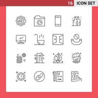 16 User Interface Outline Pack of modern Signs and Symbols of kitchen imac smart phone device computer Editable Vector Design Elements