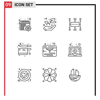 moderno conjunto de 9 9 contornos y símbolos tal como web cuchillo flujo de trabajo planificación utensilio Cocinando editable vector diseño elementos