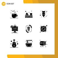 Mobile Interface Solid Glyph Set of 9 Pictograms of disposal cart arrow services online Editable Vector Design Elements