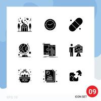 Pack of 9 creative Solid Glyphs of transfer table globe medical trip world Editable Vector Design Elements