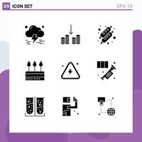 Universal Icon Symbols Group of 9 Modern Solid Glyphs of fire combustible cake party event Editable Vector Design Elements