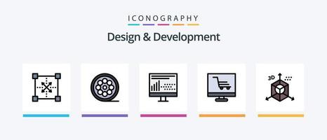 diseño y desarrollo línea lleno 5 5 icono paquete incluso fotografía. diseño. vídeo juego. codificación. programación. creativo íconos diseño vector