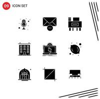 Set of 9 Commercial Solid Glyphs pack for processing house desk home building Editable Vector Design Elements