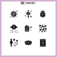 Set of 9 Vector Solid Glyphs on Grid for pot kitchen egg digital dollar Editable Vector Design Elements