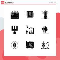 Pack of 9 creative Solid Glyphs of chart rake safe temperature rainy Editable Vector Design Elements